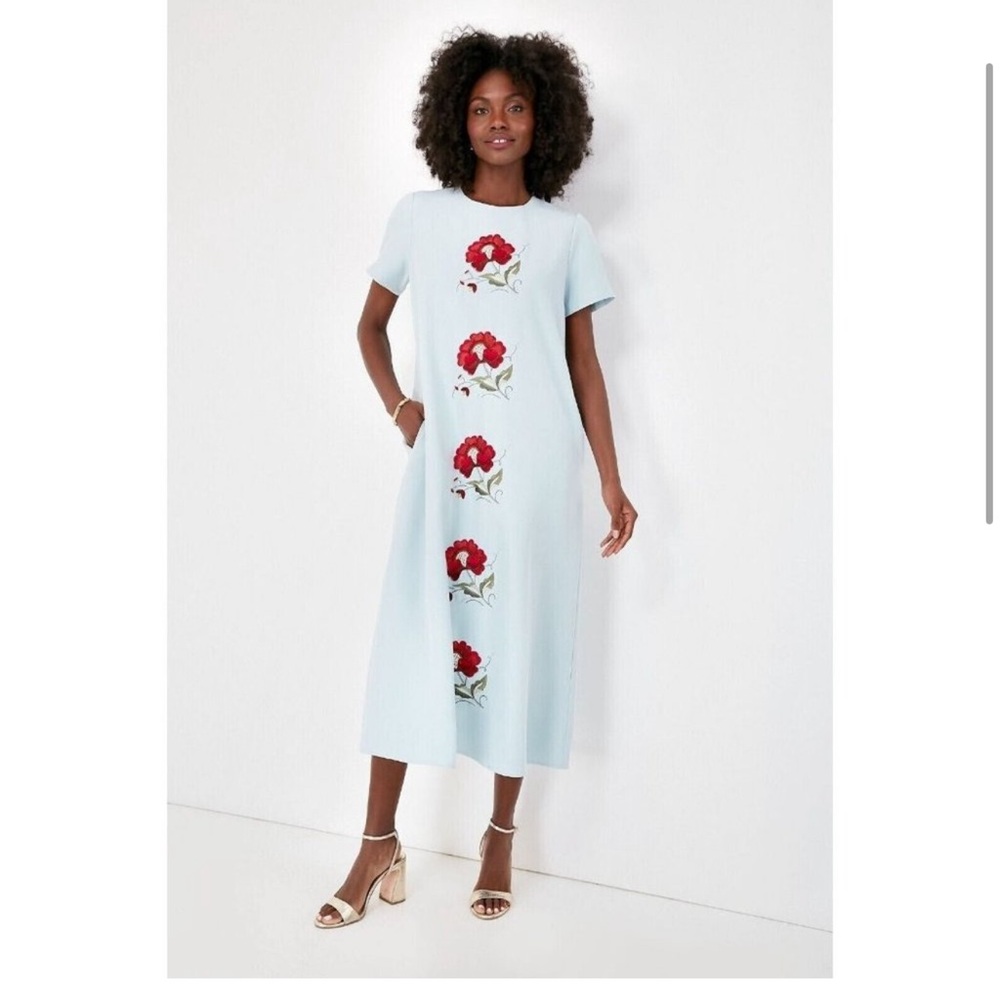 Tuckernuck Sky Blue James Dress Floral Embroidered Shift Midi Short Sleeve NEW
